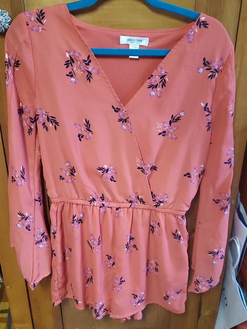Arizona Jean Company Coral Floral Romper with Navy Accents